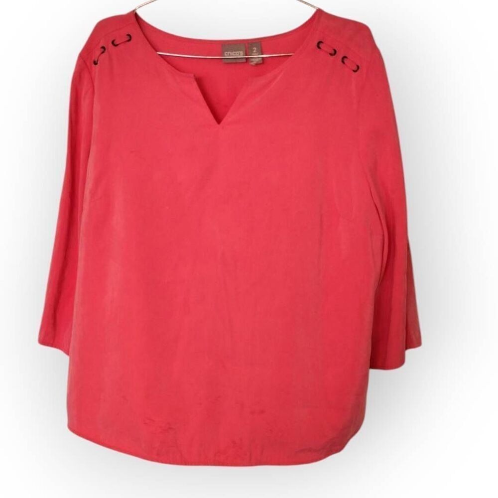 Chicos Peach Silk Blouse Sz 2 US 12 | Roll Tab Sleeve Coastal Classic Beachy Top - Picture 2 of 9